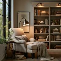 bekväm fåtölj i levande rum med bokhylla och lampa foto