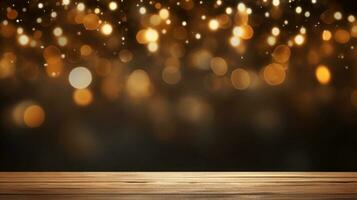 ai genererad jul tabell fläck rustik festlig Plats tömma gyllene bakgrund trä design skinande mörk bokeh trä- Semester firande textur bakgrund lampor abstrakt guld foto