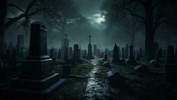 ai genererad halloween kyrkogård grav spöke död skrämmande Skräck besatt natt död- gammal läskigt grav bakgrund himmel gravsten ondska kyrkogård gotik mörk rädsla foto