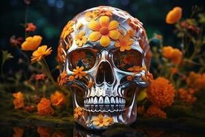 ai genererad årgång ben design dekor död- död blomma läskigt konst skrämmande gotik mörk Skräck svart skalle socker halloween symbol huvud skelett bakgrund blommig mänsklig foto