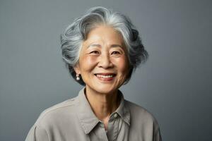 ai genererad kvinnor porträtt äldre Lycklig senior ålder pensionerad livsstil leende person vuxen kvinna gammal äldre grå attraktiv mormor lady mogna skönhet ansikte foto