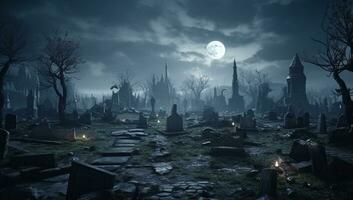 ai genererad natt gotik död Skräck ondska läskigt kyrkogård gammal grav måne himmel skrämmande bakgrund grunge gravsten rädsla mörk grav korsa halloween mystisk kyrkogård död- foto