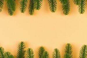 topp se av färgrik bakgrund tillverkad av grön gran träd grenar. ny år Semester begrepp med kopia Plats foto