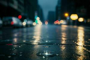 regndroppar och gatlyktor på natt. bakgrund. ai generativ proffs Foto