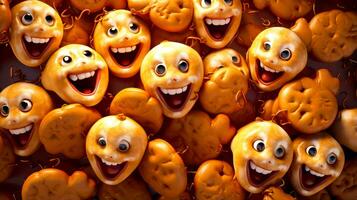 grupp av smiley ansikten tillverkad av munkar med googly ögon. generativ ai foto
