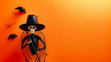 skelett bär svart hatt och innehav svart sockerrör och svart sockerrör. generativ ai foto