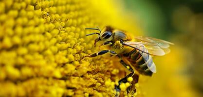 bin suga pollen från blommor stänga upp Foto makro Foto av ett insekt geting
