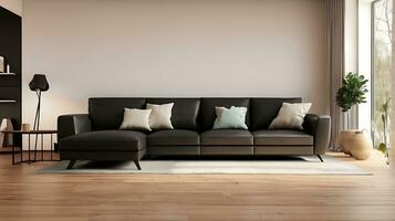 modern interiör med svart soffa och parkett golv 3d tolkning foto