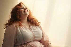 skön övervikt kvinna stående leende i främre av pastell bakgrund foto
