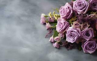 en bukett av lila ro på en tabell generativ ai foto