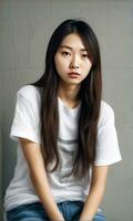 ung asiatisk kvinna bär en vit Linné t-shirt.generativ ai. foto
