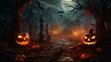 halloween bakgrund med pumpor och besatt hus - halloween bakgrund med ondska pumpa. läskigt skrämmande mörk natt skog. Semester händelse halloween baner bakgrund concept.ai generativ foto