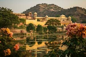 bärnsten fort i jaipur, rajasthan, Indien, trädgård på maota sjö, bärnsten fort, jaipur, Indien, ai genererad foto