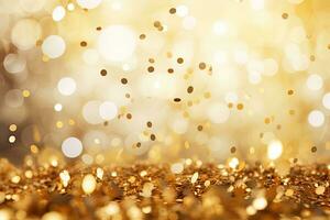 gyllene bokeh bakgrund. festlig jul abstrakt bakgrund, gyllene konfetti på en ljus bakgrund. festlig abstrakt bakgrund med bokeh effekt, ai genererad foto