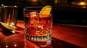 en skott av en transparent cocktail glas, fylld med en vibrerande röd cocktail, ai generativ foto