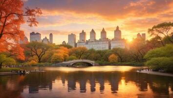 central parkera i ny york stad i de USA har skön Sol. ai genererad. foto