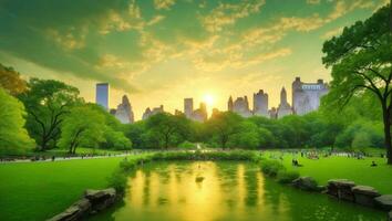 central parkera i ny york stad i de USA har skön Sol. ai genererad. foto