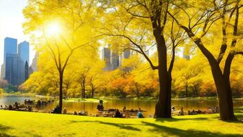 central parkera i ny york stad i de USA har skön Sol. ai genererad. foto