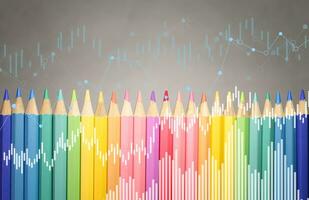 pastell Färg penna med företag grafer och diagram, ljus pinne Graf Diagram av stock marknadsföra investering handel, statistisk och data, diagram diagram, finansiell och ekonomi begrepp. foto