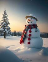 ai generativ, jul vinter- med snögubbe på en landskap bakgrund foto