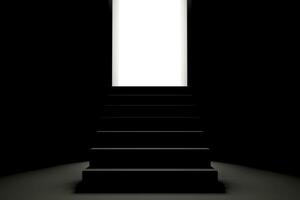 trappa till upplyst utgång i en mörk rum. begrepp av en sätt till Framgång, planera för framsteg mot en ljus framtida. med kopia Plats och företag design. foto