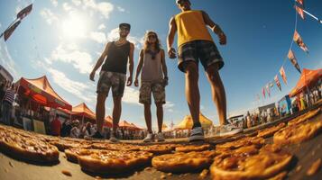 grupp av vänner har roligt på en gata mat festival utomhus. foto