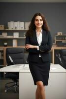 ung företag kvinna brunett i en företag kostym stå i ett office.generative ai. foto