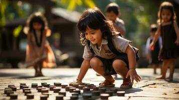 söt asiatisk liten flicka spelar spel med trä- block i de parkera. foto