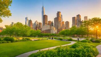 stadens centrum manhattan med de liten ö offentlig parkera i ny york stad på soluppgång. ai genererad. foto