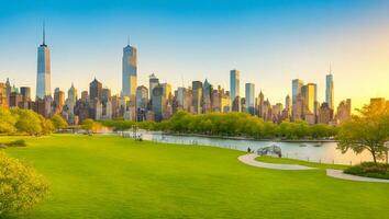 stadens centrum manhattan med de liten ö offentlig parkera i ny york stad på soluppgång. ai genererad. foto