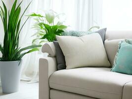 Foto av en vas växt på tabell dekoration på de soffa stol. ai genererad.