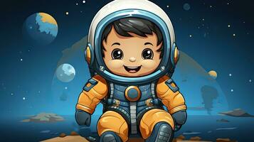 söt astronaut pojke i de yttre Plats illustration. tecknad serie stil. foto