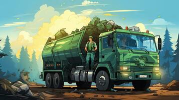 tecknad serie illustration av en man stående i främre av en sopor lastbil. foto