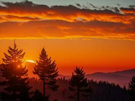 solnedgång och silhuetter med träd i de berg. ai genererad. foto