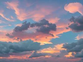 kväll himmel omvandlar in i en mästerverk av natur med lysande stroke av orange rosa och guld som de värma solnedgång ljus omfamnar de värld i en fascinerande glöd. ai generativ foto