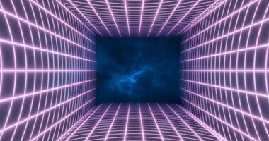 abstrakt lila energi rutnät virvlande tunnel av rader i de topp och botten av de skärm magisk ljus lysande trogen hi-tech bakgrund foto