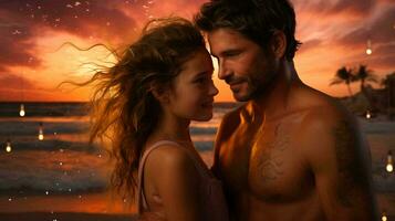 ai-genererad par i kärlek, man och kvinna på de strand i en romantisk miljö foto