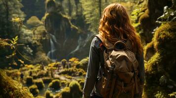 ai-genererad kvinna turist med en ryggsäck i de skog, se från de tillbaka foto