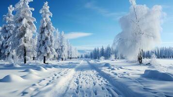 ai-genererad skön snöig vinter- väg för ny år och jul foto