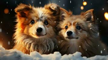 ai-genererad små hundar i vinter- under de snö med en suddig bakgrund för de ny år och jul Semester foto