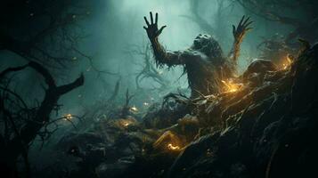 ai-genererad zombies stiga från de död- i en mörk skrämmande skog på natt och dra deras händer ut av de jord för de halloween Semester foto
