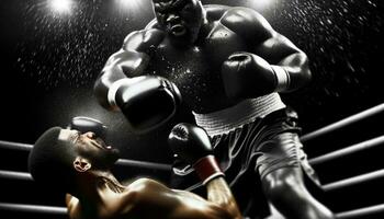 ai-genererad boxning knockout muskulös svart boxare levererar en förkrossande blåsa foto