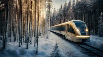 trogen tåg resa genom frysta skog generativ ai foto