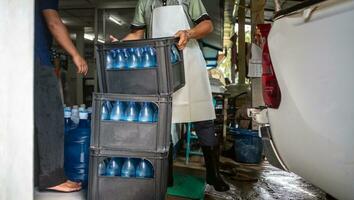 arbetare hiss liter av blå dricka vatten och flaskor i lådor in i de tillbaka av en transport lastbil. foto
