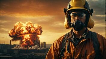 professionell tung industri arbetstagare med explosion av kärn bomba i de huvudstad. ai generativ foto