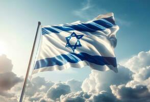 Israel flagga vinka på en Pol, himmel bakgrund. ai generativ foto