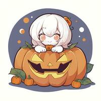 söt chibi flicka på topp av pumpa halloween klistermärke tecknad serie illustration stil foto