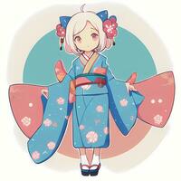 söt söt chibi anime flicka klistermärke söt japansk yukata kimono enkel färgrik bakgrund foto