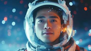 asiatisk man bär ett astronaut kostym. trogen suddig bakgrund foto