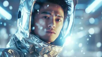 asiatisk man bär ett astronaut kostym. trogen suddig bakgrund foto